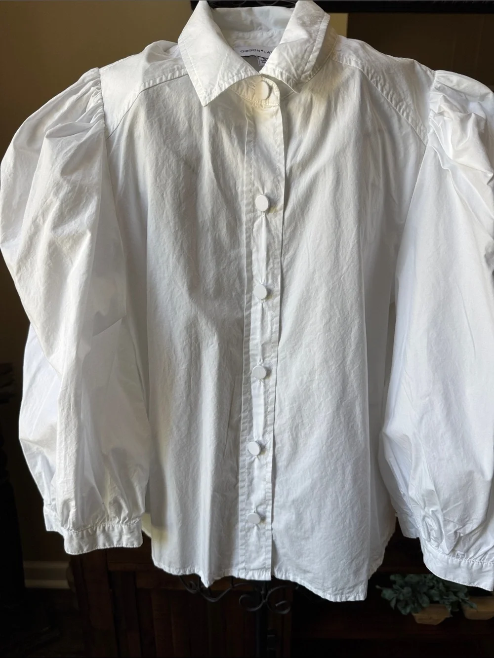 White Button-Front Puff Sleeve Shirt
